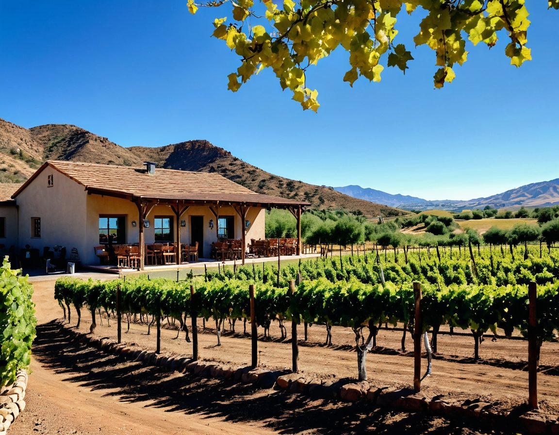 A picturesque Arizona vineyard with rows of lush grapevines under a clear blue sky, showcasing a rustic wine tasting room in the foreground, overlooking the rolling hills. A group of diverse tourists enjoying a wine tasting experience, with glasses in hand and smiles on their faces. Elements of real estate like charming adobe-style homes in the background, all set against a backdrop of vibrant sunsets. super-realistic. vibrant colors. sunny atmosphere.