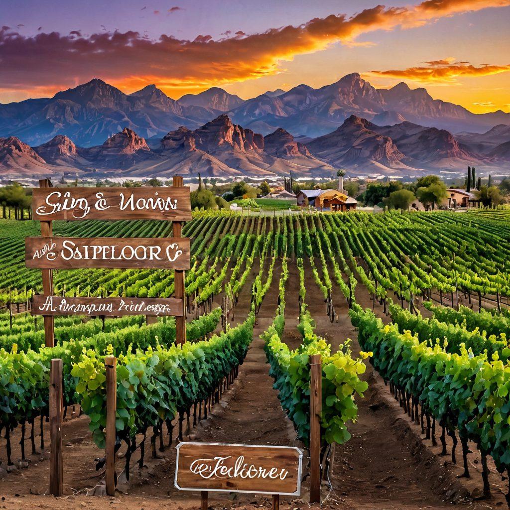 A picturesque Arizona vineyard at sunset, showcasing rows of lush grapevines with a backdrop of majestic mountains. Include a rustic wooden sign that reads 'Sip and Explore' with wine glasses beside it. Capture a festive atmosphere with people enjoying wine tastings and a lively festival scene in the background. Bright and inviting colors to convey warmth and cheer. super-realistic. vibrant colors.