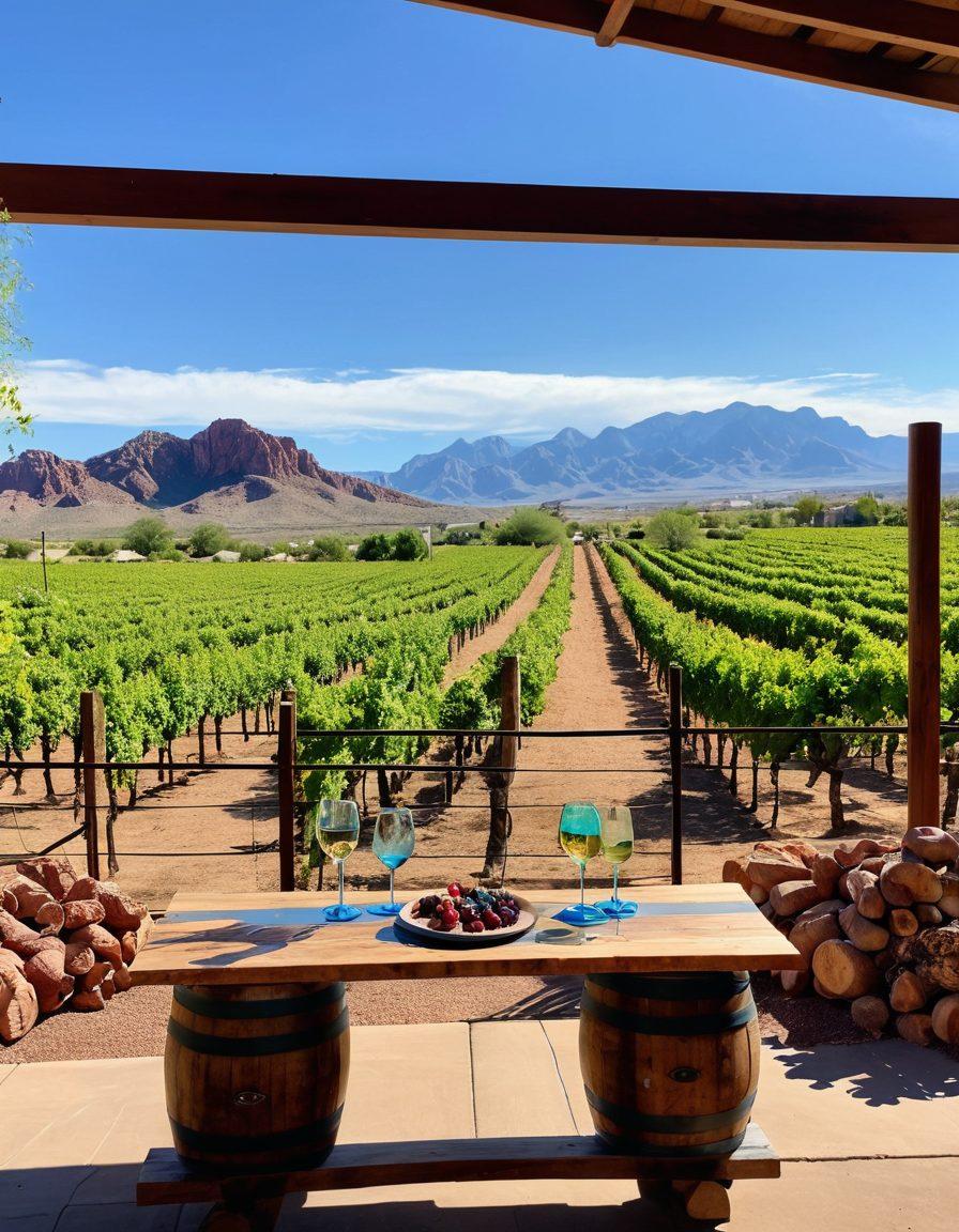 A picturesque landscape of Arizona's wine regions, featuring lush vineyards under a bright blue sky. Include a rustic winery with a welcoming entrance, barrels of wine, and a table set for a wine tasting with elegant glasses and a charcuterie board. In the background, showcase the unique desert mountains, merging the beauty of nature with the essence of real estate investment opportunities. vibrant colors. super-realistic.